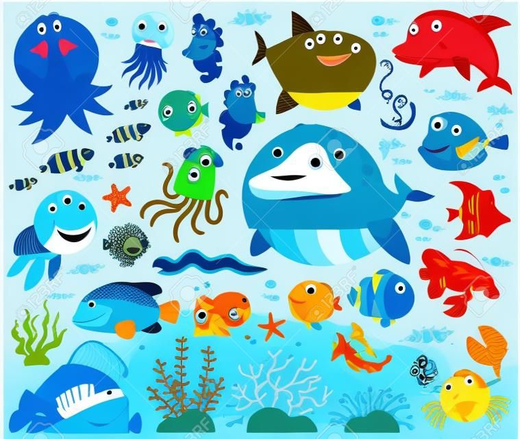 Vector Illustratie van Zeedieren Tekenfilm set. Marine leven. Onderwater dieren.