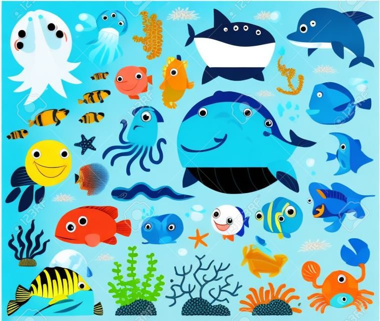 Vector Illustratie van Zeedieren Tekenfilm set. Marine leven. Onderwater dieren.