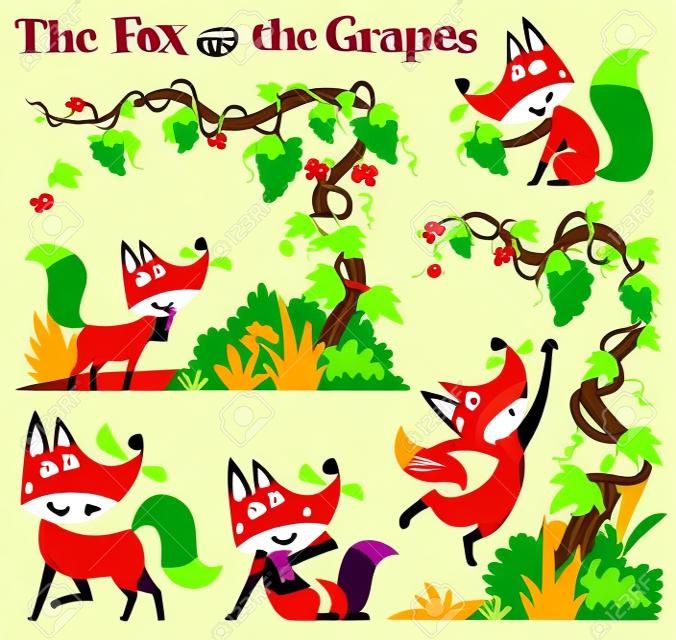 Illustration vectorielle de personnages de dessins animés Le renard et les raisins. Conte de fées pour enfants.