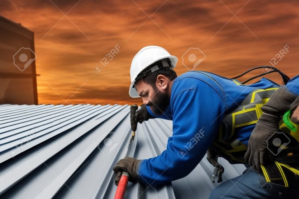 Roofer 건설 노동자는 새 지붕, 루핑 도구, 금속 시트가 있는 새 지붕에 사용되는 전기 드릴을 설치합니다.