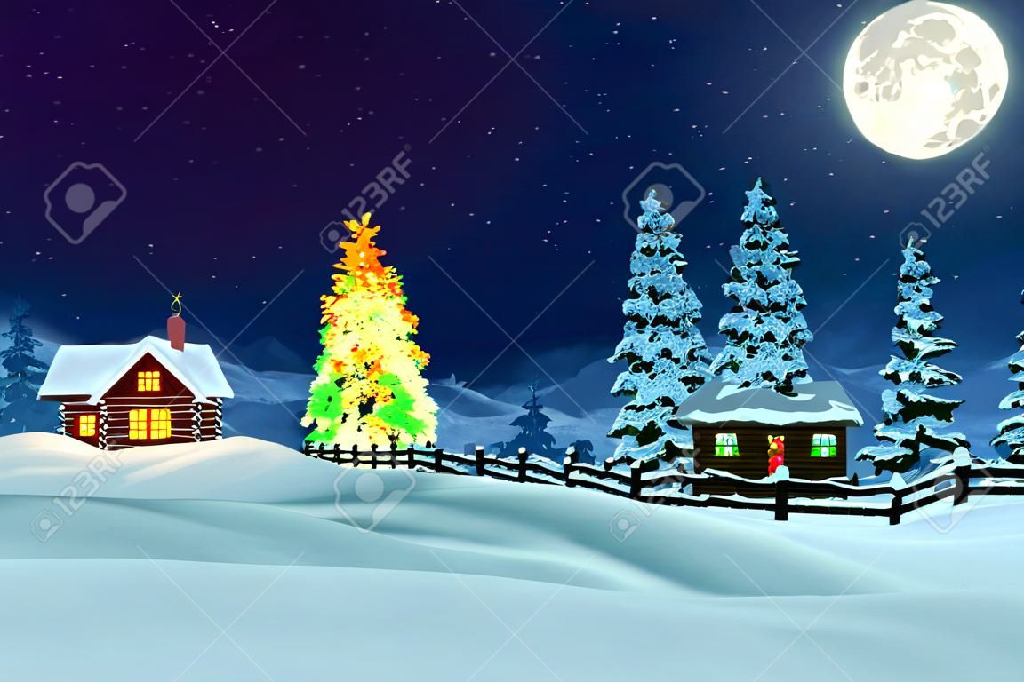 在一个月光下下雪的圣诞景色的小屋里，树被雪覆盖着，其中一棵树被五颜六色的圣诞灯照亮，圣诞老人坐在雪橇上经过。
