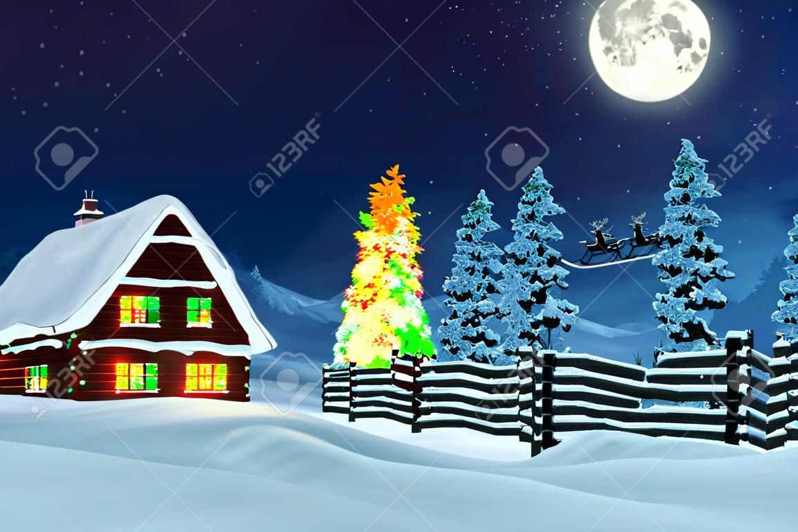 在一个月光下下雪的圣诞景色的小屋里，树被雪覆盖着，其中一棵树被五颜六色的圣诞灯照亮，圣诞老人坐在雪橇上经过。