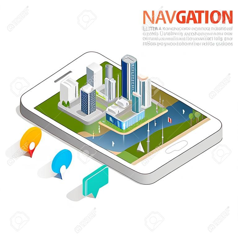 3d isometric mobile GPS navigation concept, vector