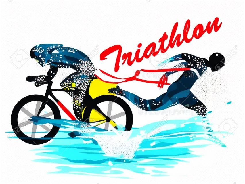 Dibujo visual de natación, ciclismo y deporte de corredor a gran velocidad en el juego de triatlón, estilo de hermoso diseño colorido sobre fondo blanco para ilustración vectorial