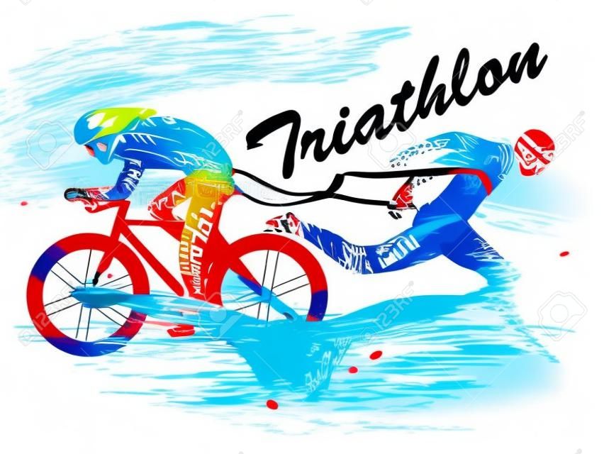 Disegno visivo nuoto, ciclismo e sport corridore ad alta velocità nel gioco del triathlon, bellissimo stile di design colorato su sfondo bianco per illustrazione vettoriale