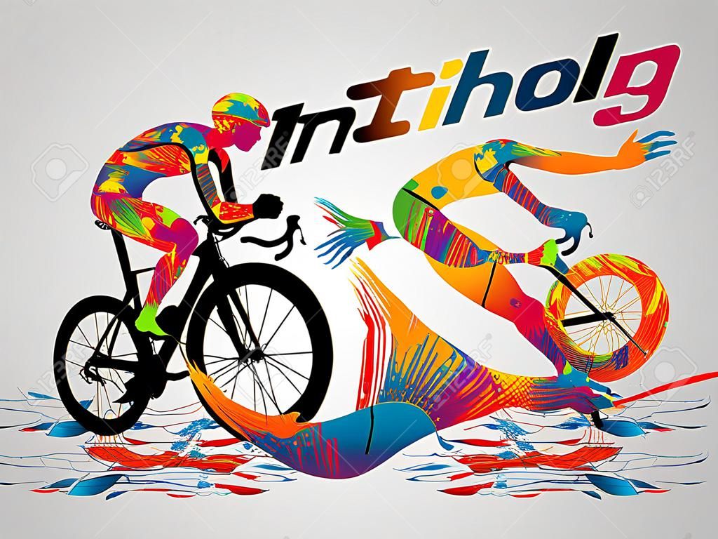 Disegno visivo nuoto, ciclismo e sport corridore ad alta velocità nel gioco del triathlon, bellissimo stile di design colorato su sfondo bianco per illustrazione vettoriale