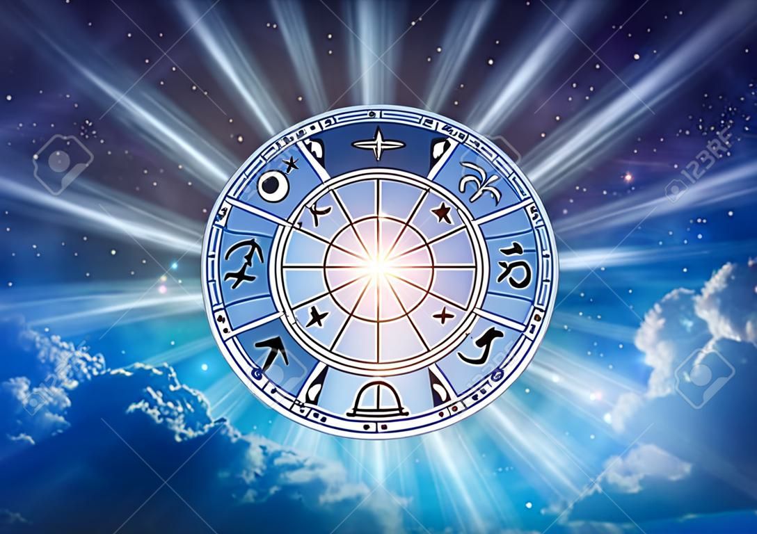 Signos del zodiaco dentro del círculo del horóscopo. Astrología en el cielo con muchas estrellas y lunas concepto de astrología y horóscopos