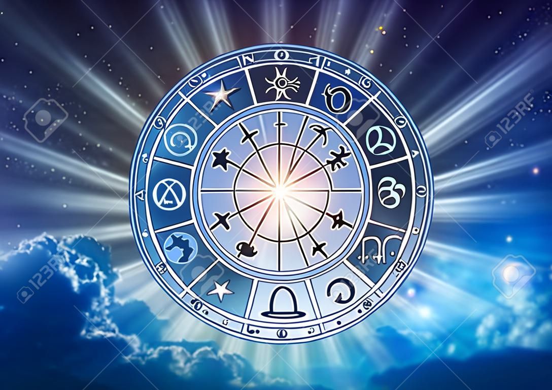 Zodiac tekens binnen in de horoscoop cirkel. Astrologie aan de hemel met vele sterren en manen astrologie en horoscopen concept