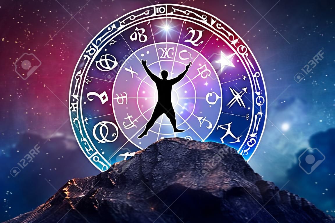 Signes du zodiaque à l'intérieur du cercle de l'horoscope. astrologie dans le ciel avec de nombreuses étoiles et lunes concept d'astrologie et d'horoscopes