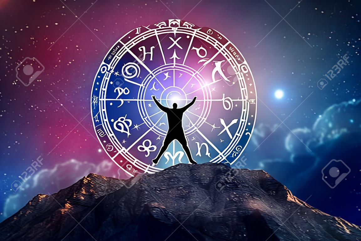 Tierkreiszeichen innerhalb des Horoskopkreises. astrologie am himmel mit vielen sternen und monden astrologie- und horoskopkonzept
