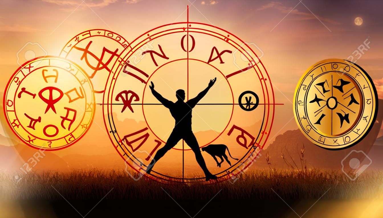 Zodiac tekens binnen in de horoscoop cirkel. Astrologie aan de hemel met vele sterren en manen astrologie en horoscopen concept
