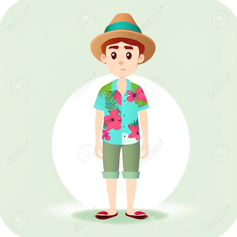 de carácter de niño inconformista linda con ropa de verano y un sombrero. la camisa hawaiana.