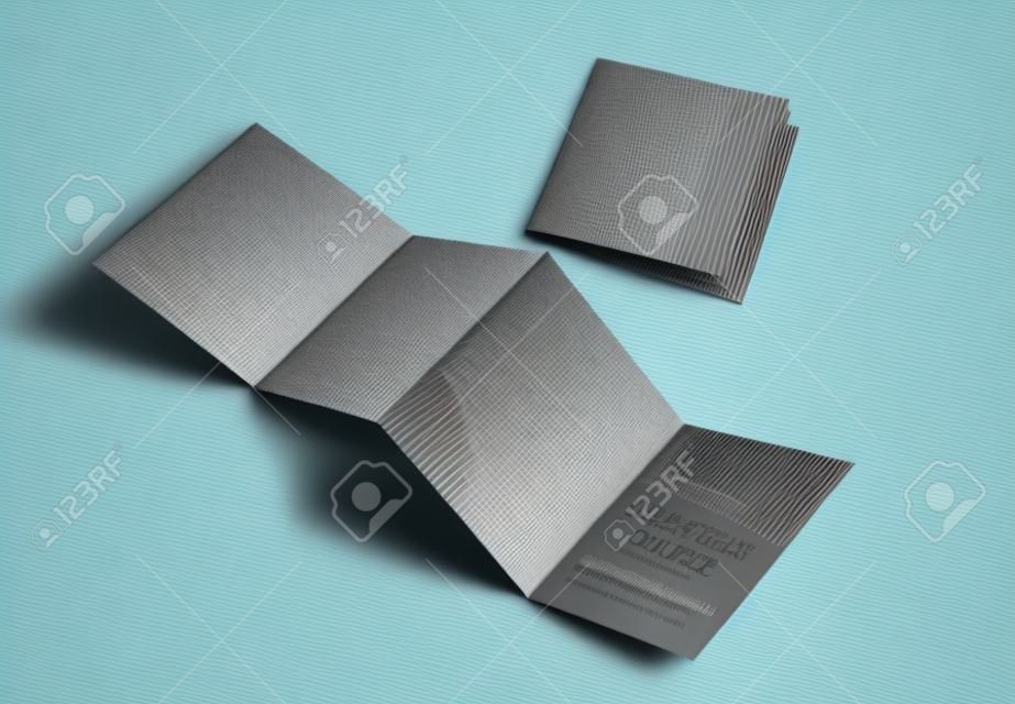Folheto de 8 páginas, brochura quadrada da dobra do acordeão do painel 4 maquete acima isolada no fundo cinzento claro.