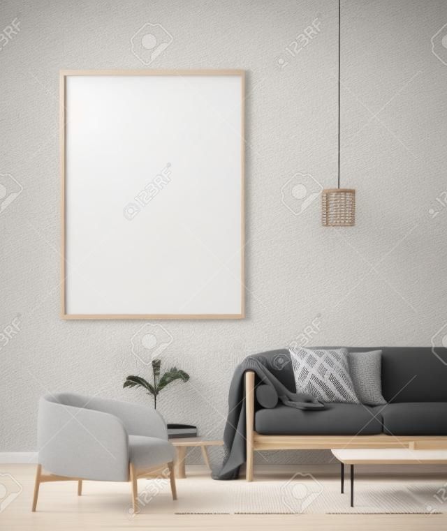 Mock up poster frame in interni in stile scandinavo con mobili in legno. Design minimalista degli interni. illustrazione 3D.