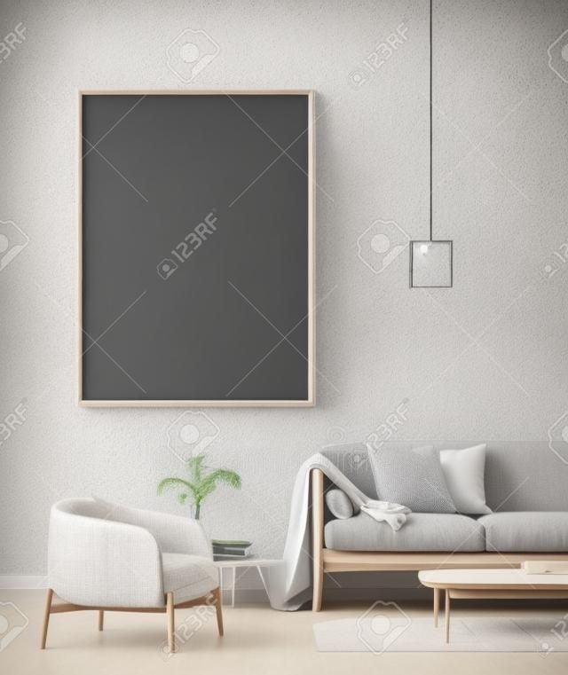Mock up poster frame in interni in stile scandinavo con mobili in legno. Design minimalista degli interni. illustrazione 3D.
