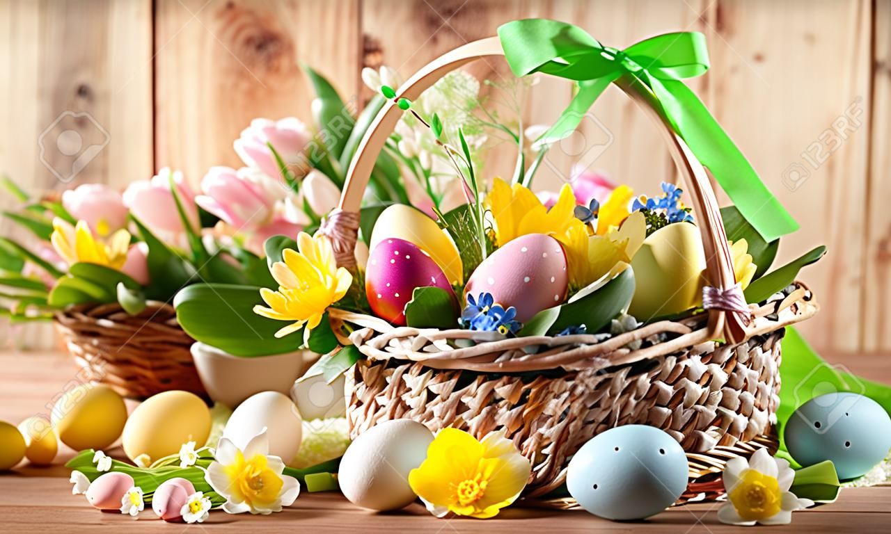 Composition de Pâques avec des fleurs de printemps et des oeufs de Pâques colorés dans le panier. Carte de Pâques avec espace de copie.