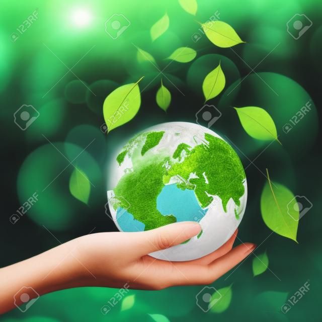 mains de femme tenant Terre verte avec une feuille