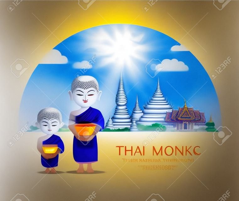 タイの僧侶のボウルとタイの初心者、仏教のタイの寺院の塔と青