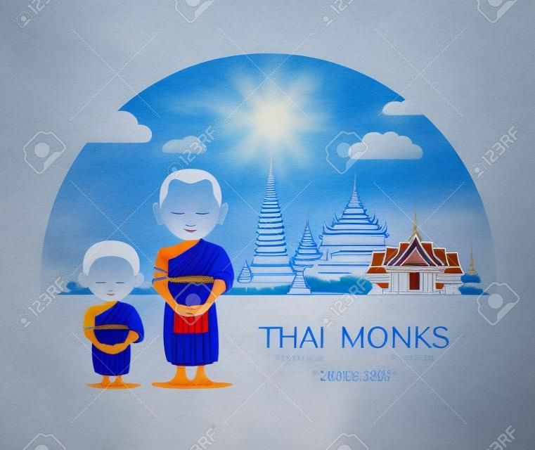 Thai Monks Bowl und thailändischer Novize, des Buddhismus thailändische Tempelpagoden und blau