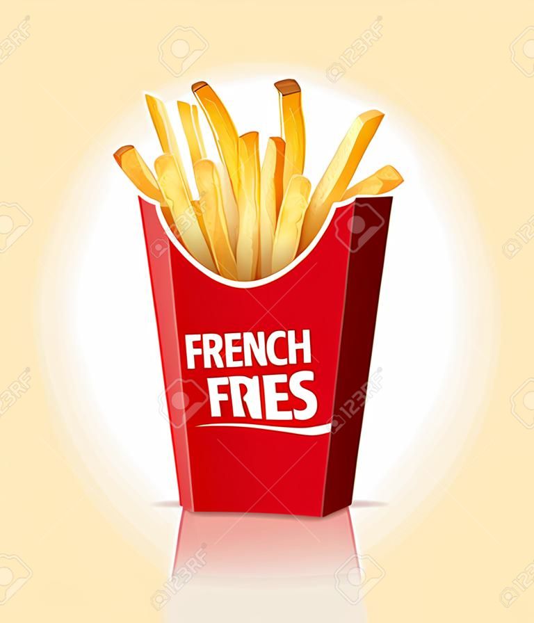 French fries, fresh food in red box packaging template design. isolated on white background vector illustration