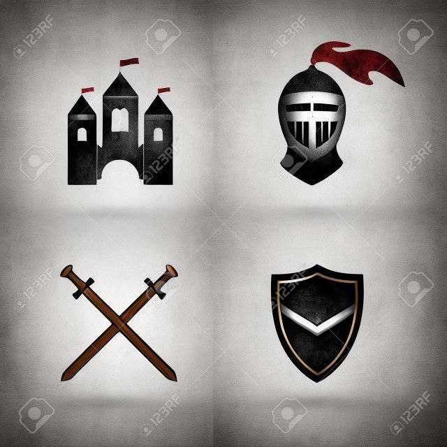 Średniowieczne czarne ikony ustaw odizolowane na białym tle. Stary zamek. Tarcza i miecz rycerza