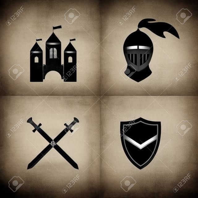 Średniowieczne czarne ikony ustaw odizolowane na białym tle. Stary zamek. Tarcza i miecz rycerza
