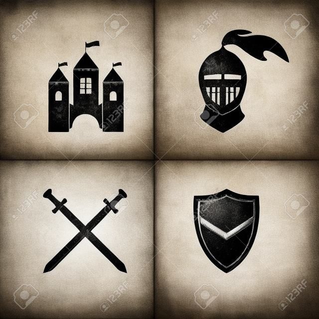 中世紀的黑色圖標集孤立白色。古老的城堡。騎士盾牌和劍