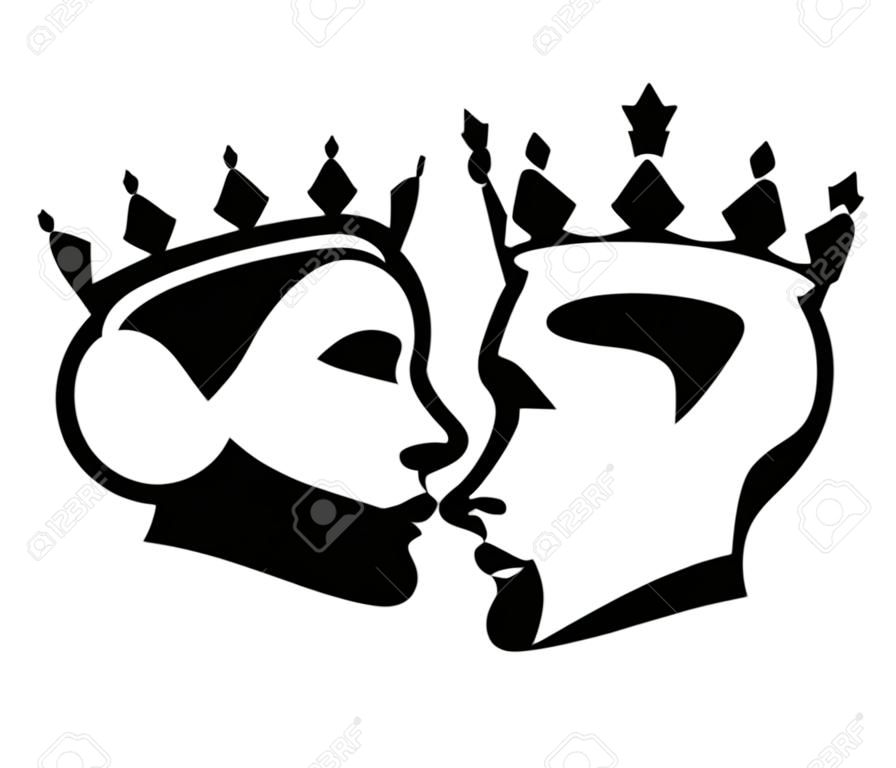 王と女王の頭、王と王妃の顔は、王と女王の黒いシルエット。王室。ベクトルのアイコンは白で隔離