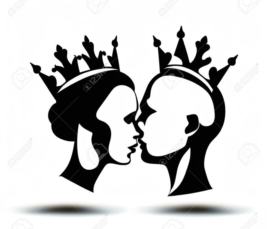 król i królowa głowy, twarz króla i królowej, czarna sylwetka króla i królowej. Rodzina królewska. Vector, ikony wyizolowanych na białym tle