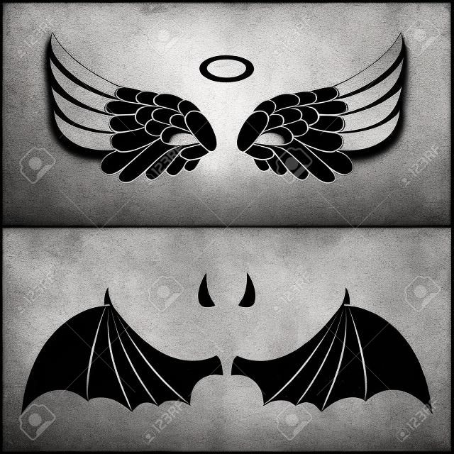 天使と悪魔のアイコン。天使と白と黒の背景に分離された悪魔の翼。