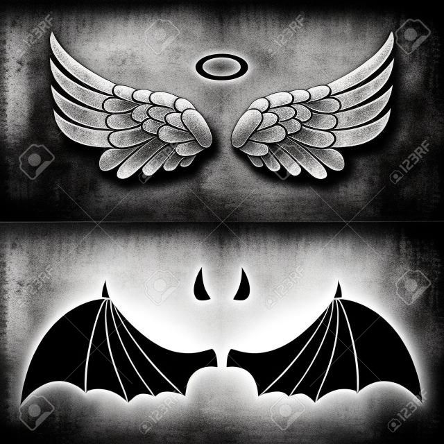 cones do anjo e do diabo. asas do anjo e do demônio isoladas no fundo branco e preto.