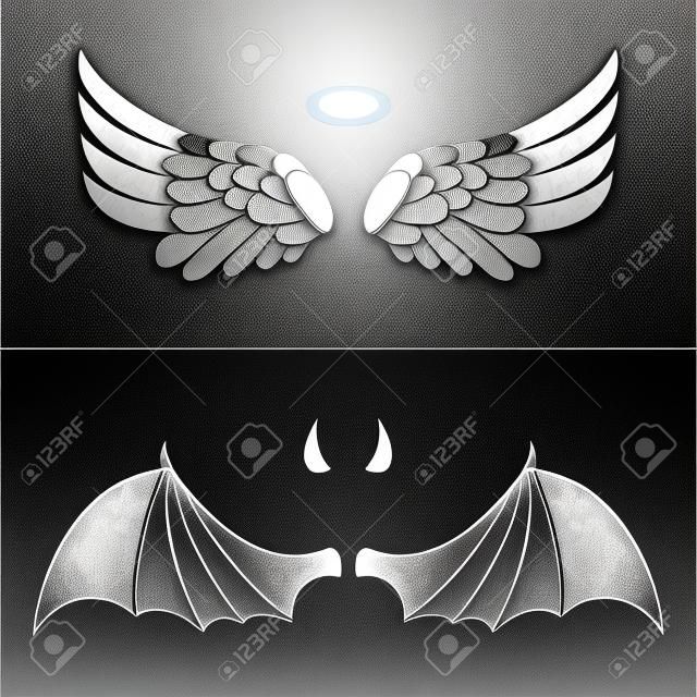 Icone di angelo e diavolo. ali di angelo e demone isolato su sfondo bianco e nero.