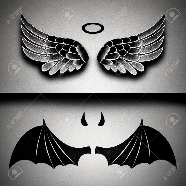Ángel y demonio iconos. alas de ángel y demonio aislados sobre fondo blanco y negro.