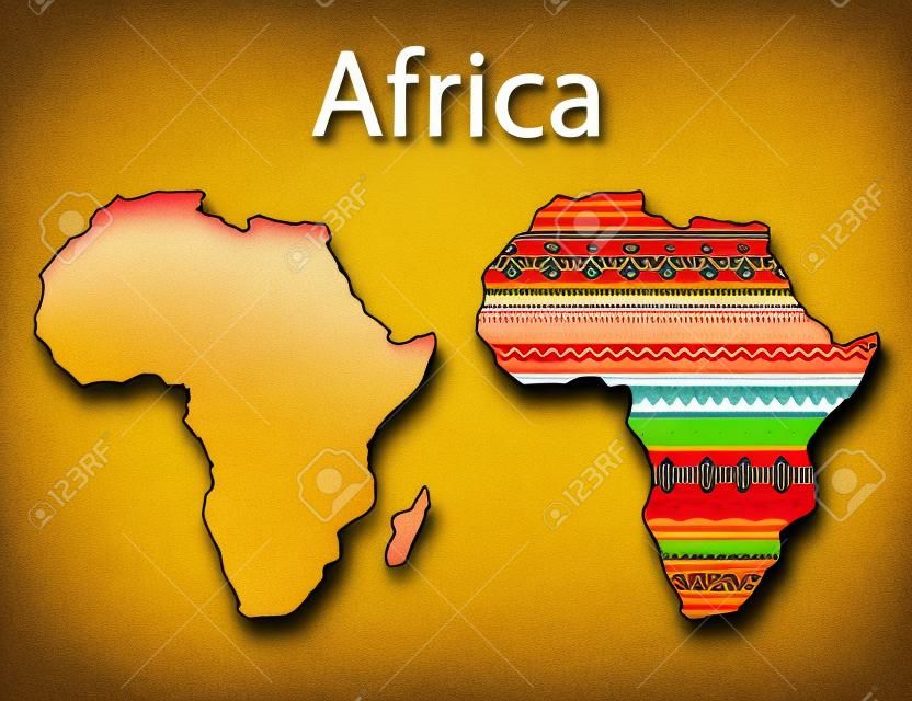 アフリカの地図。ストリップとカラフルな民族アフリカ マップ パターン設計。ベクトル図