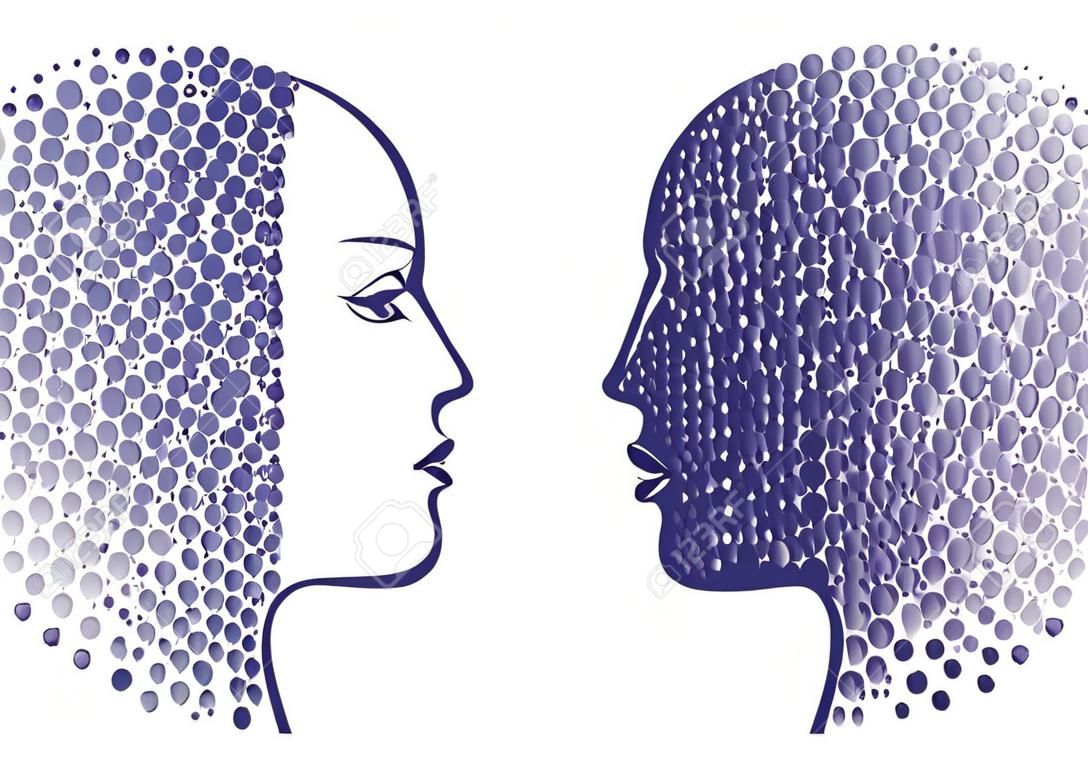 남자와 여자의 머리 아이콘입니다. 심리학 개념 그림, 벡터 아트, 로고 디자인. 그라데이션 동그라미와 추상 부부의 얼굴