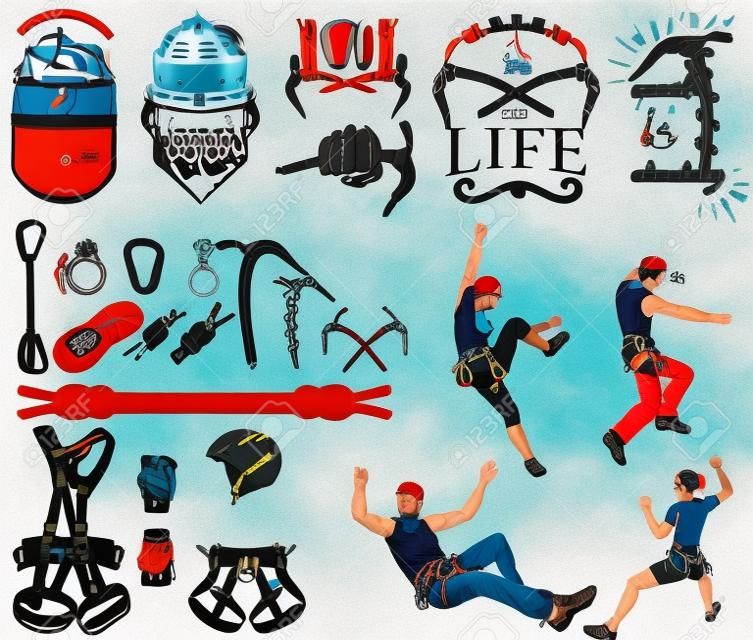 De set van symbolen en logo's voor klimmen en bergbeklimmen. Verzameling van beelden uitrusting voor klimsport.
