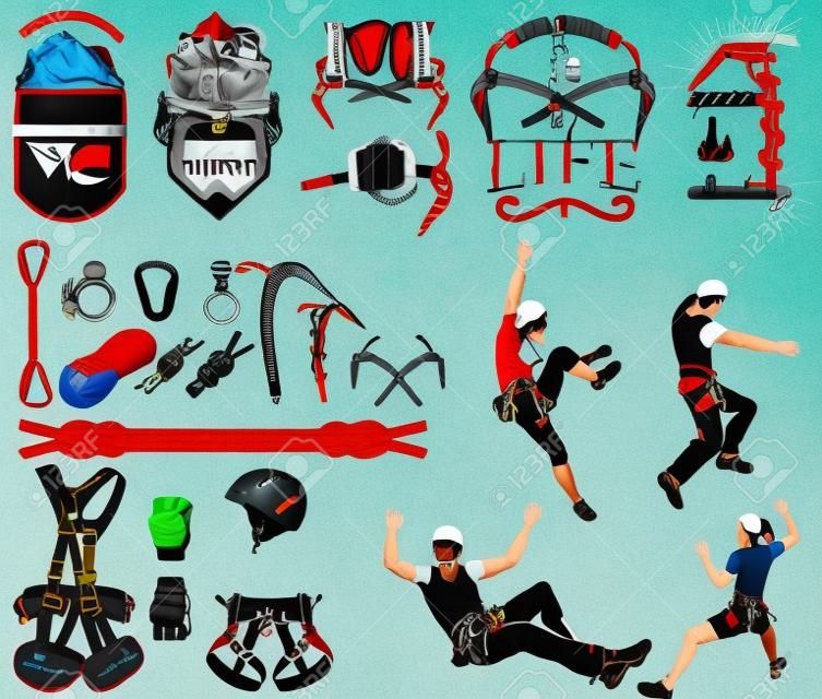 登山や登山のためのシンボルとロゴのセット。スポーツを登るためのイメージギアのコレクション。