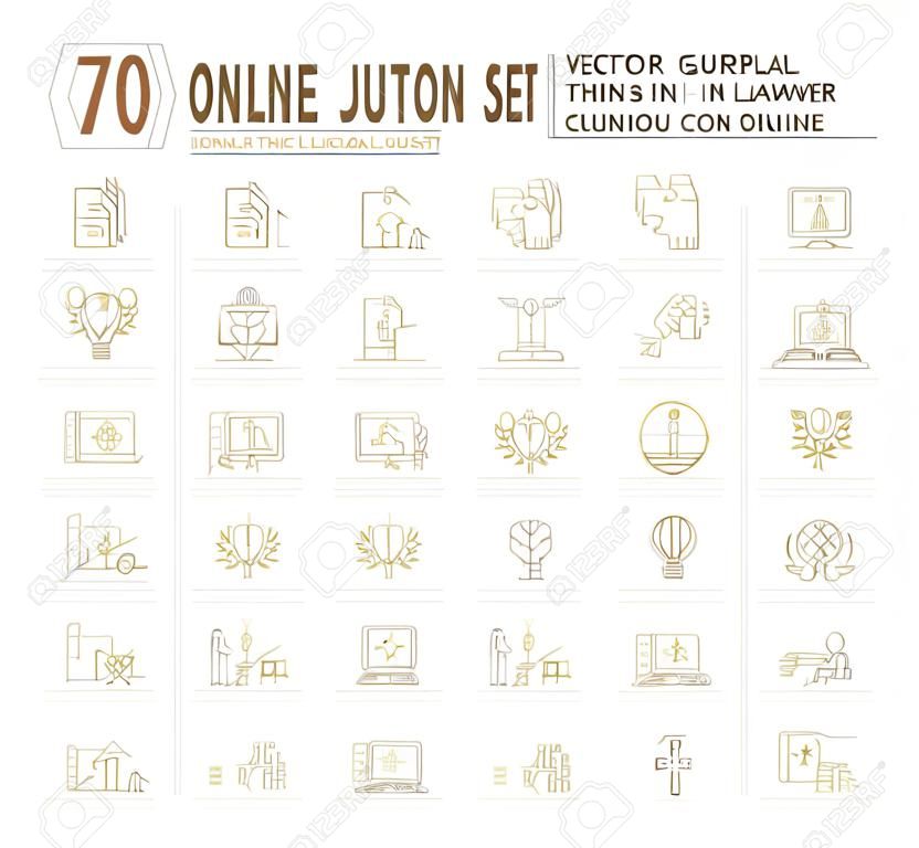 Vector graphic set. Icons in flat, contour, thin and linear design.Lawyer.Online legal advice.Online jurist.Simple icon on white background.Concept illustration for Web site, app.Sign, symbol, emblem.