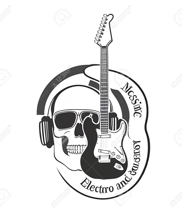 Vector of rock music. Electric guitar and skull. Concept graphic design of emblem, element, template, symbol, label, sign, poster or print for t-shirt.