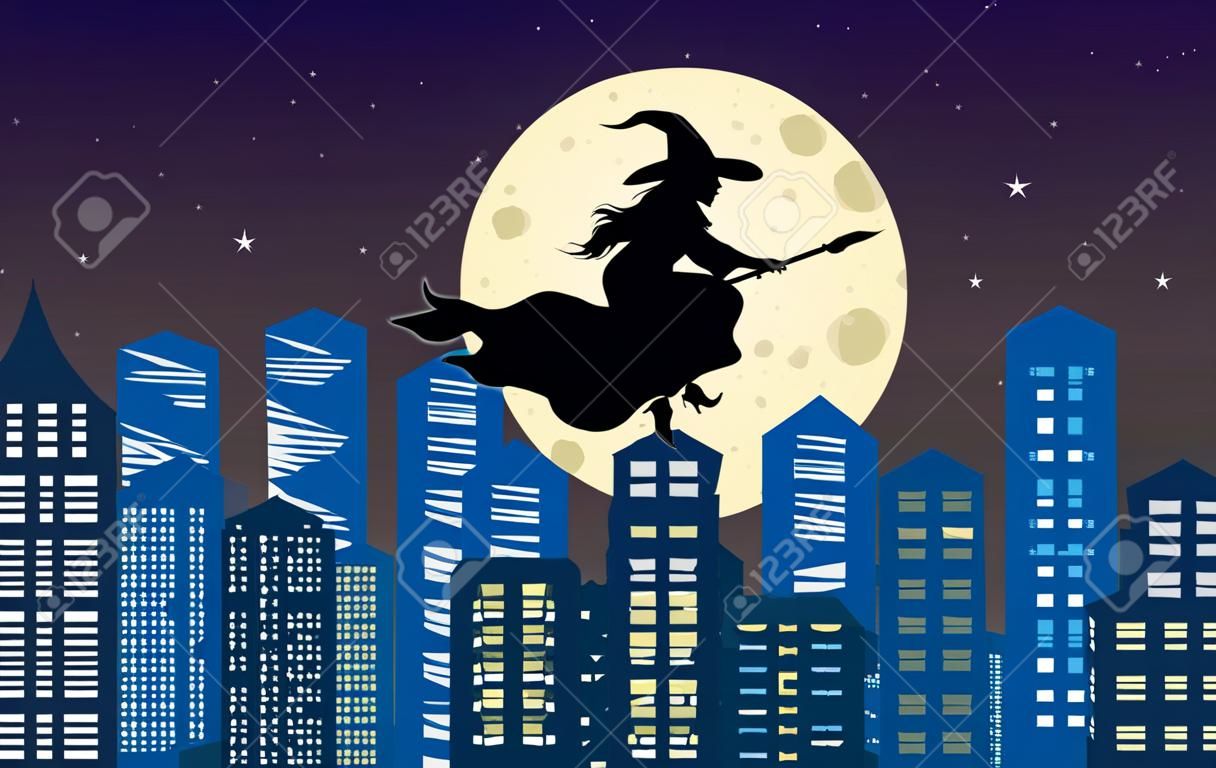 Witch silhouette flying over the city