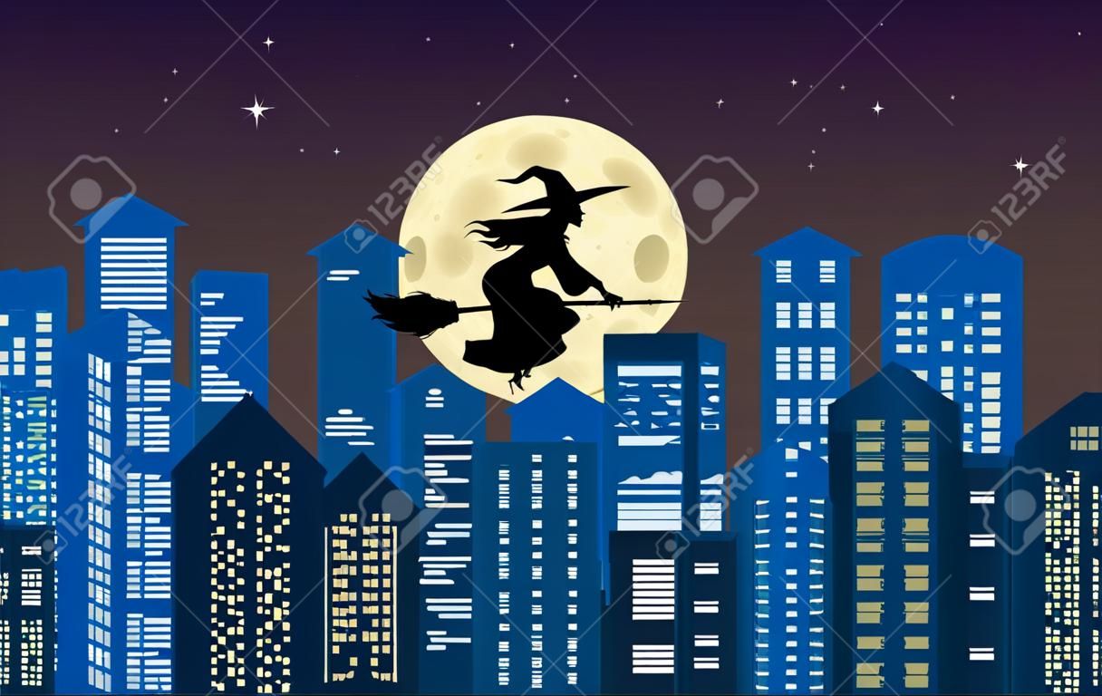 Witch Silhouette fliegen über die Stadt