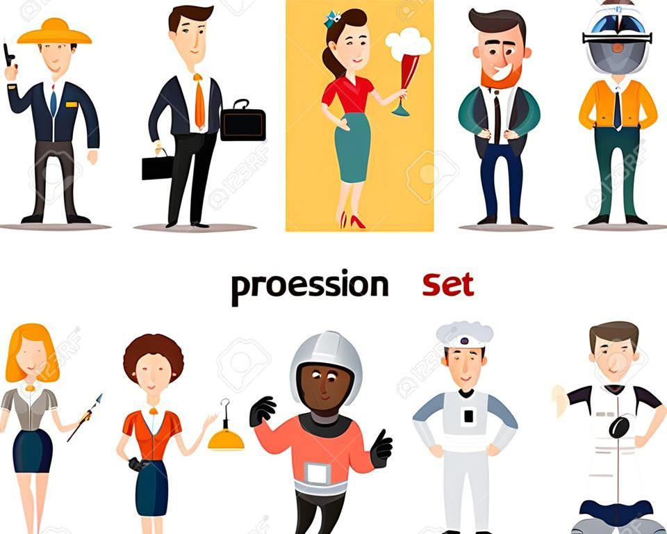 Profession set: the driver, a businessman, a hairdresser, a butcher, a diver, artist, builder, astronaut, football and cook