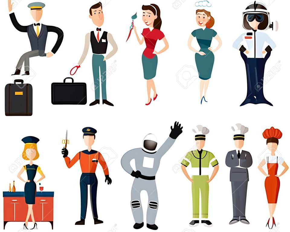 Conjunto de profesiones: el conductor, un hombre de negocios, un peluquero, un carnicero, un buzo, un artista, un constructor, un astronauta, un futbolista y un cocinero