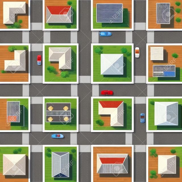 Top view city with streets, roads, houses, and cars