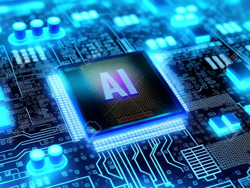 AI, Artificial Intelligence concept - Computerchip microprocessor met AI teken en binaire code. 3d rendering