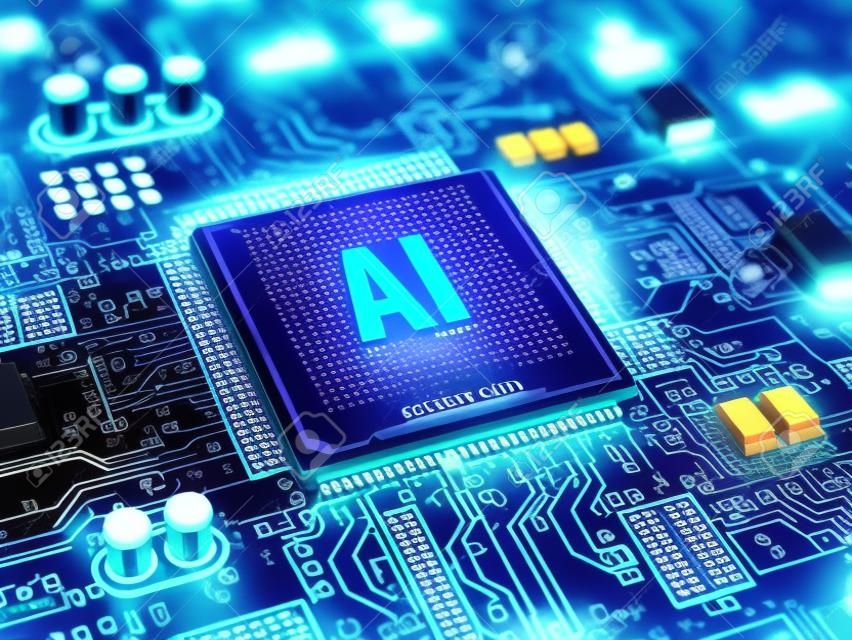 AI, Artificial Intelligence concept - Computerchip microprocessor met AI teken en binaire code. 3d rendering
