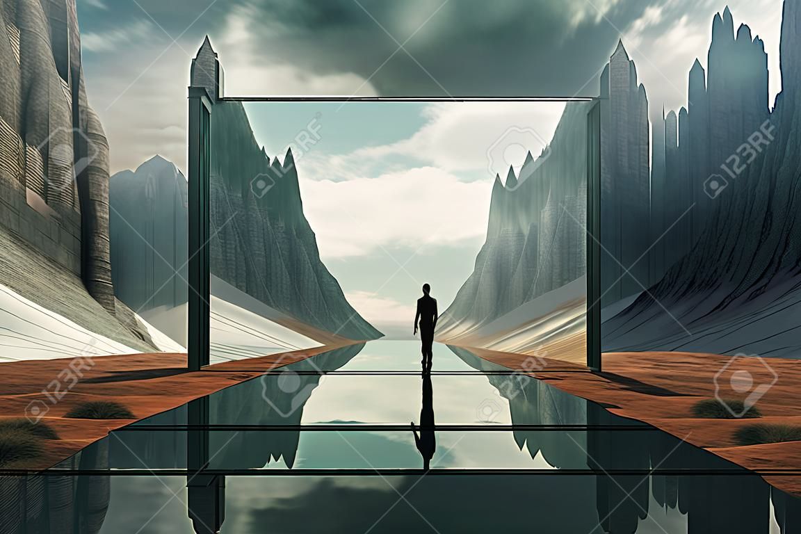 Man silhouette standing in mountain landscape with mirror portal. Travel to fantasy world. Created with Generative AI