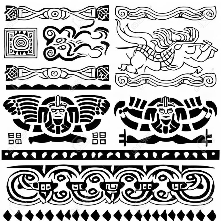 Maya tanrıları ve süs eşyaları ile eski desen vektörü