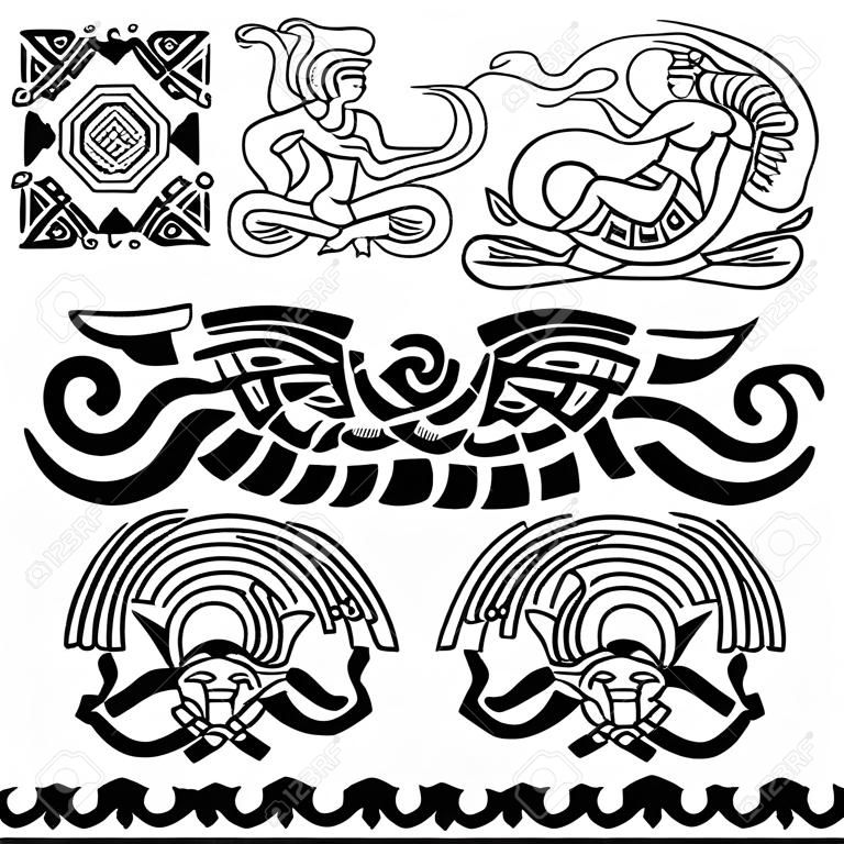 Vektor, ősi minták maja istenek és dísztárgyak