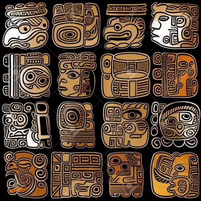Conjunto de vetores de glifos maias e aztecas com deuses e personagens antigos em branco